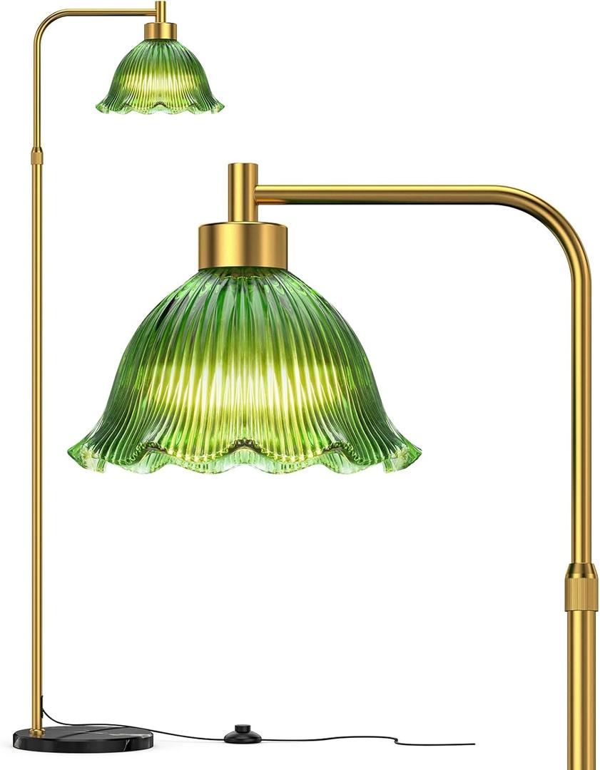 Glass Floor Lamp for Living Room, 70 Tall Lamp Adjustable Height Vintage Standing Lamp with Green Glass Lampshade Pedal Switch Flower Floor Light for Bedroom Study Room Corner Art Decor