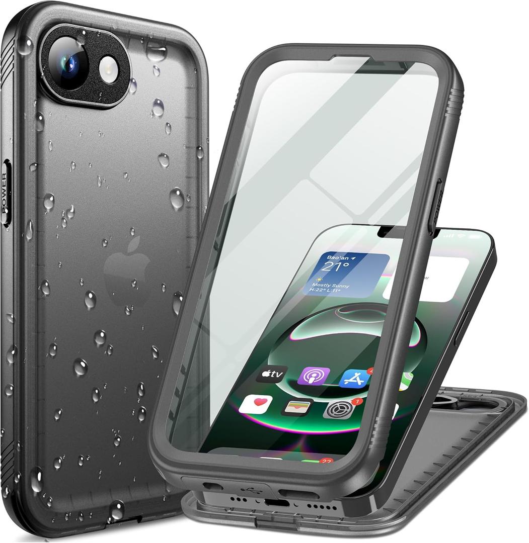 Cozycase TOP Military Protective IP68 Waterproof Case for iPhone 16e/iPhone 17e Heavy Duty 360 Shockproof Full Body with Screen Camera Protector Double Dustproof Hard Tough Front Back Cover Black