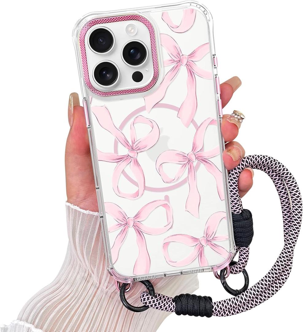 AIGOMARA Magnetic for iPhone 15 Pro Case [Compatible with MagSafe] Clear Ribbon Bowknot Bow Pattern Phone Case with Wrist Strap Lanyard, Slim Shockproof Cover for Girls Women, Pink
