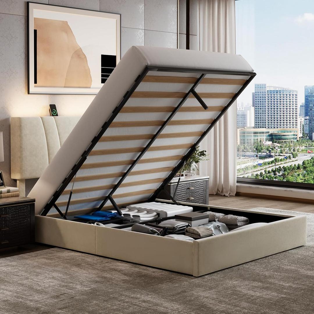 Novilla King Lift Up Storage Bed Frame/Charging Station/LED Light, White