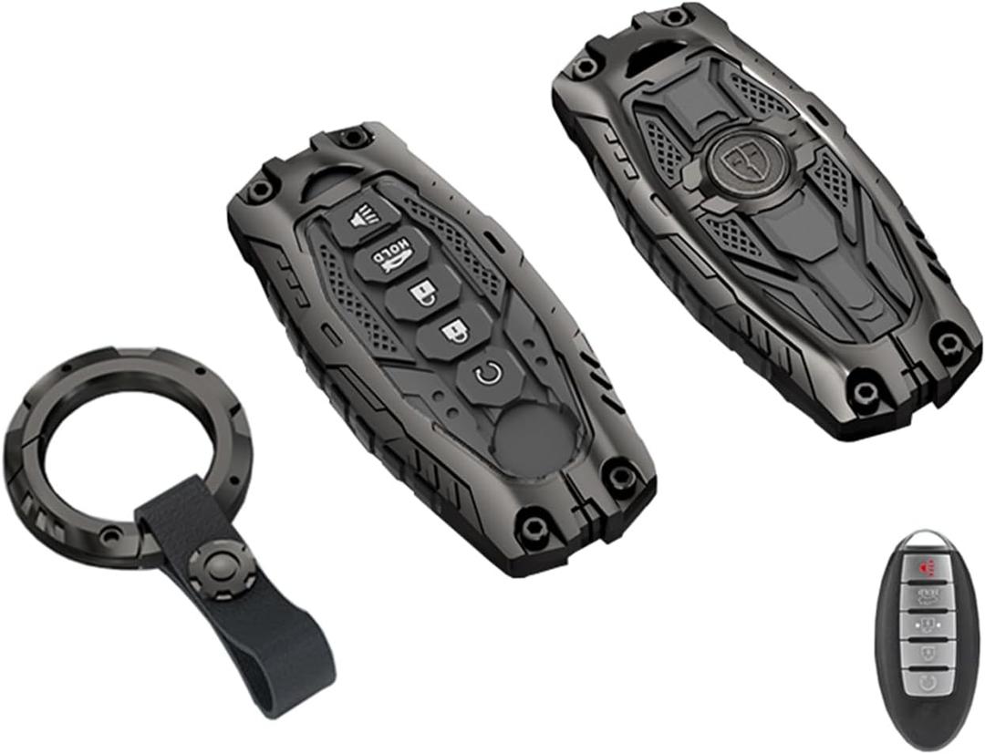 Heavy Duty Key Fob Cover for Nissan Altima Armada Maxima Murano Pathfinder Rogue Titan Armada Altima Versa Sentra Zinc Alloy Keyless Entry Key Fob Case Protector with Keychain (Black)