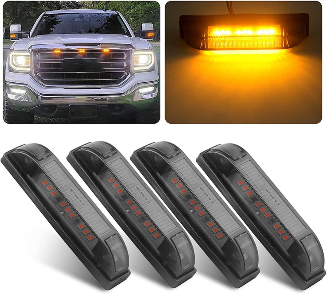 4" Inch Smoked Amber LED Front Grille Marker Lights Kit, 4Pcs 4 Inch Amber Full LED Center Grille Grill Running/Position Light Sealed 9 LEDs Pickup Trucks, 4"x1" RV Camper Boat Uitility Strip Bar 12V