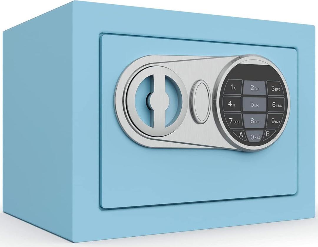 Goldenkey Small Safe Box for Money, Digital Safe Box with Keys&Code for Cash and Coin, Mini Safe for Kids Personal Items for Home, 6.69"D x 9.05"W x 6.69"H, 0.236 Cu.Ft. (Blue)