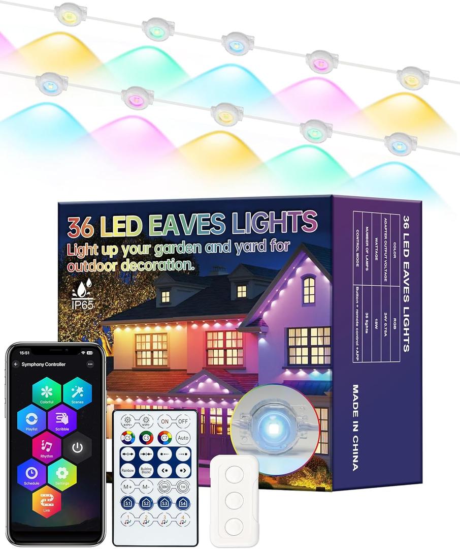 Permanent Outdoor Lights, 63.6ft with 36 RGBIC LED Light with App Control, Waterproof Permanent Christmas Lights for Outside Roofline Decor, Garden Decor, House,Party, Holiday Xmas Decoration