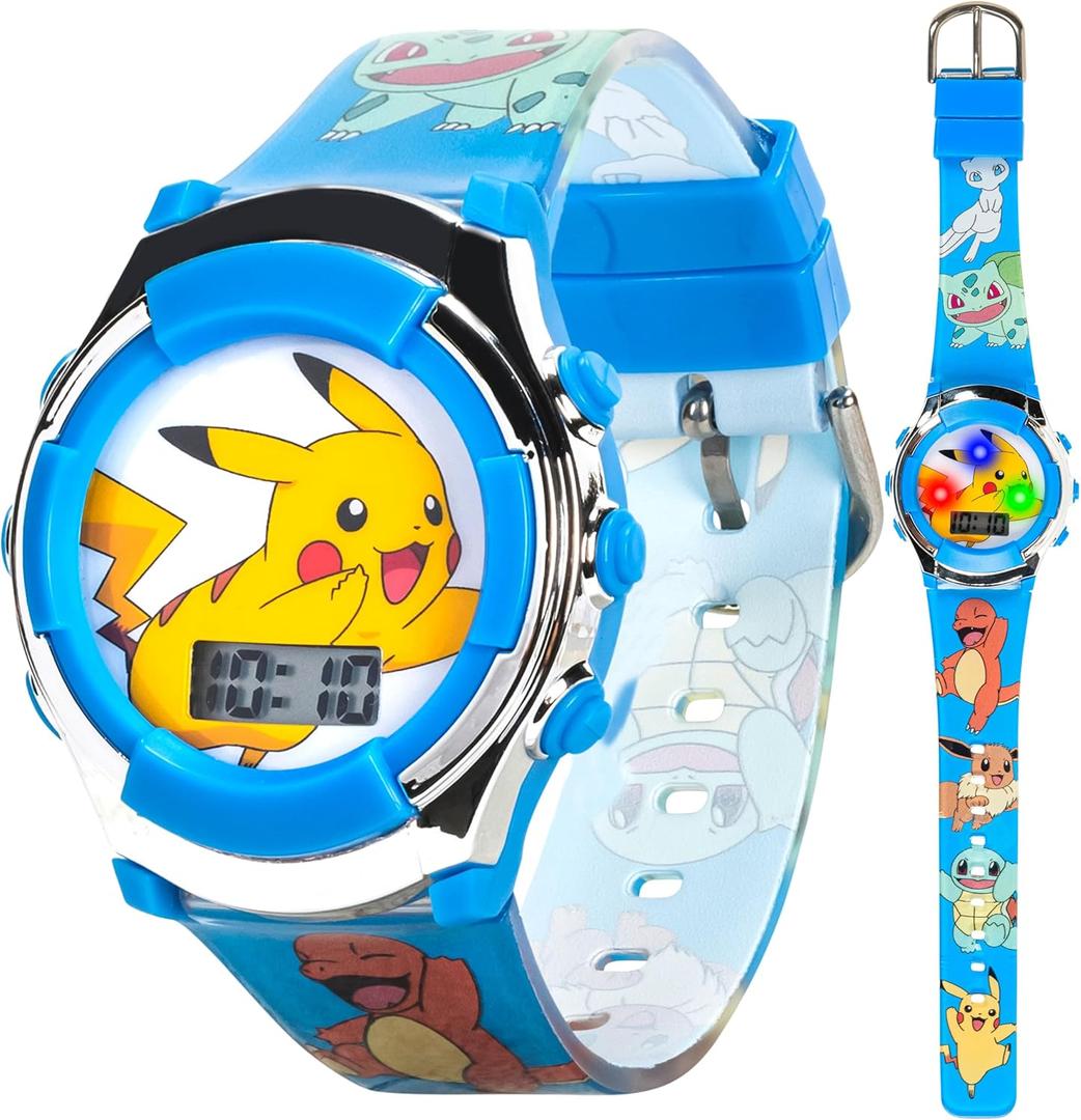 Pokmon Kids Digital Watch with Flashing LED Lights, Pikachu & Friends Design, Fun Character Display, Soft Silicone Strap, Kid-Friendly Tough Build, Adjustable Fit for Wrist Sizes 5.5" to 8"