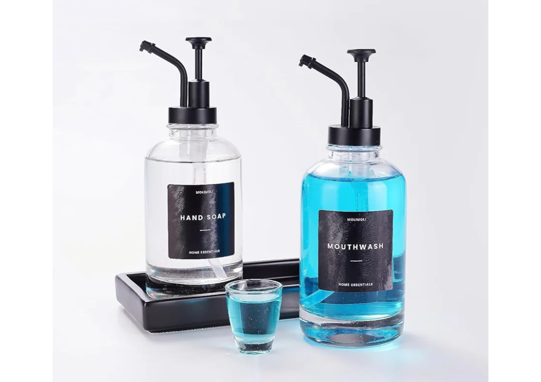 Molimoli Hand Bathroom Soap Dispenser Set, Glass Mouthwash Dispenser for Bathroom, Dish Soap Dispenser for Kitchen Sink, Soap Dispenser Pump, 500ml/16.9 Oz, Set of 2, Black