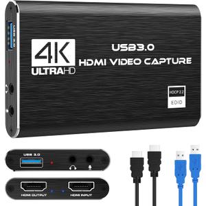 Capture Card Nintendo Switch, 4K HDMI Video Capture Card, 1080P 60FPS, HDMI to USB 3.0 Capture Card for Streaming Work with Camera/Xbox/PS4/PS5/PC/OBS (Black)