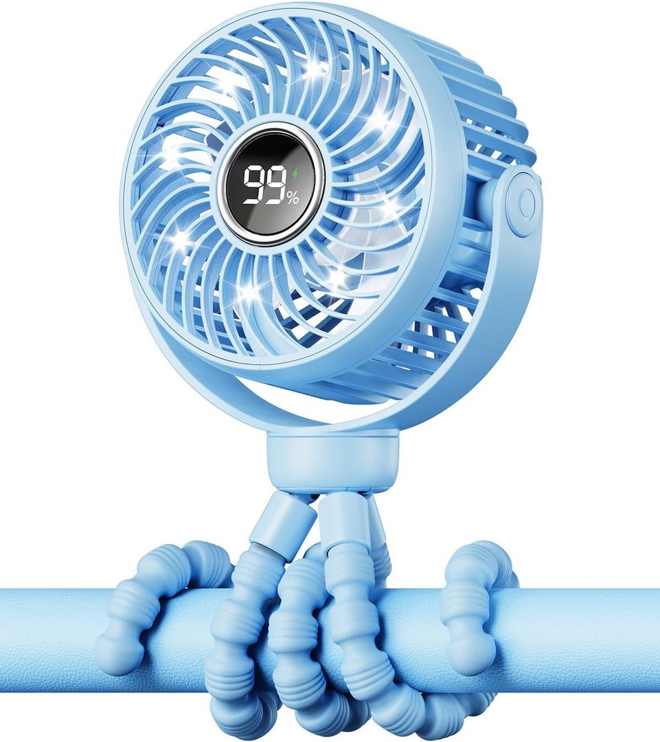 Mini Portable Stroller Fan for Travel,360 Rotation,4-Speed LED Night Light Clip on Fans Operated by Rechargeable Battery, Cordless Fan with Tripod Car Seat Baby Pram (Blue)