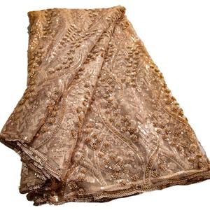 African Lace Fabric 5 Yards French Tulle Fabric 3D Sequin Crochetwork Embroidery Crochetwork Fabric Suitable for Wedding/Party/Everyday Sewing (Crimson Gold)