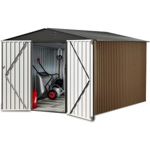 8X8FT Outdoor Metal Storage Shed, Lockable Weatherproof Garden Shed for Tools & Equipment, Durable Galvanized Steel with Sloping Roof & Ventilation, Ideal for Backyard, Patio & Garage Storage, Brown