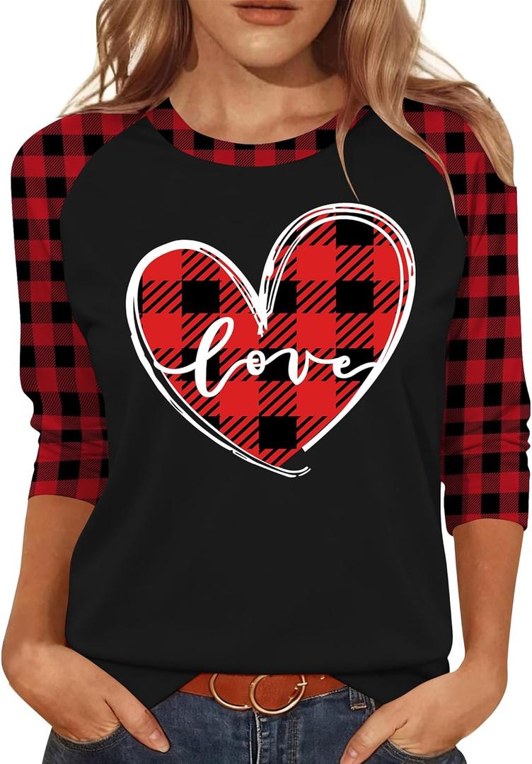 Valentines Shirts for Women Cute Love Heart Graphic T-Shirt 3/4 Sleeve Valentine's Gift Tees (Black1, XL)
