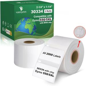 30334 Multi-Purpose Labels with RFID Chip Compatible with DYMO Labelwriter Printers 5XL, 550, 550 Turbo, 450 Twin Turbo, 4XL, 450, Wireless, 2-1/4" x 1-1/4", 2 Rolls, Total 2000 Labels