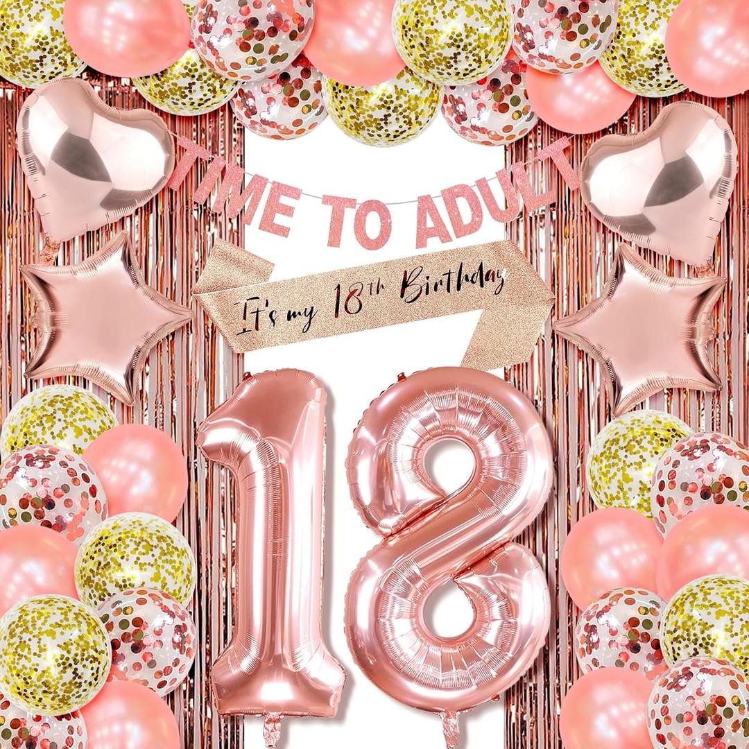 18th Birthday Decorations For Girls Happy 18 Birthday Decorations For Girls 18 Letter Balloon Numbers Happy 18th Birthday Banner Decor Rose Gold eighteen Girl Time To Adult Banner
