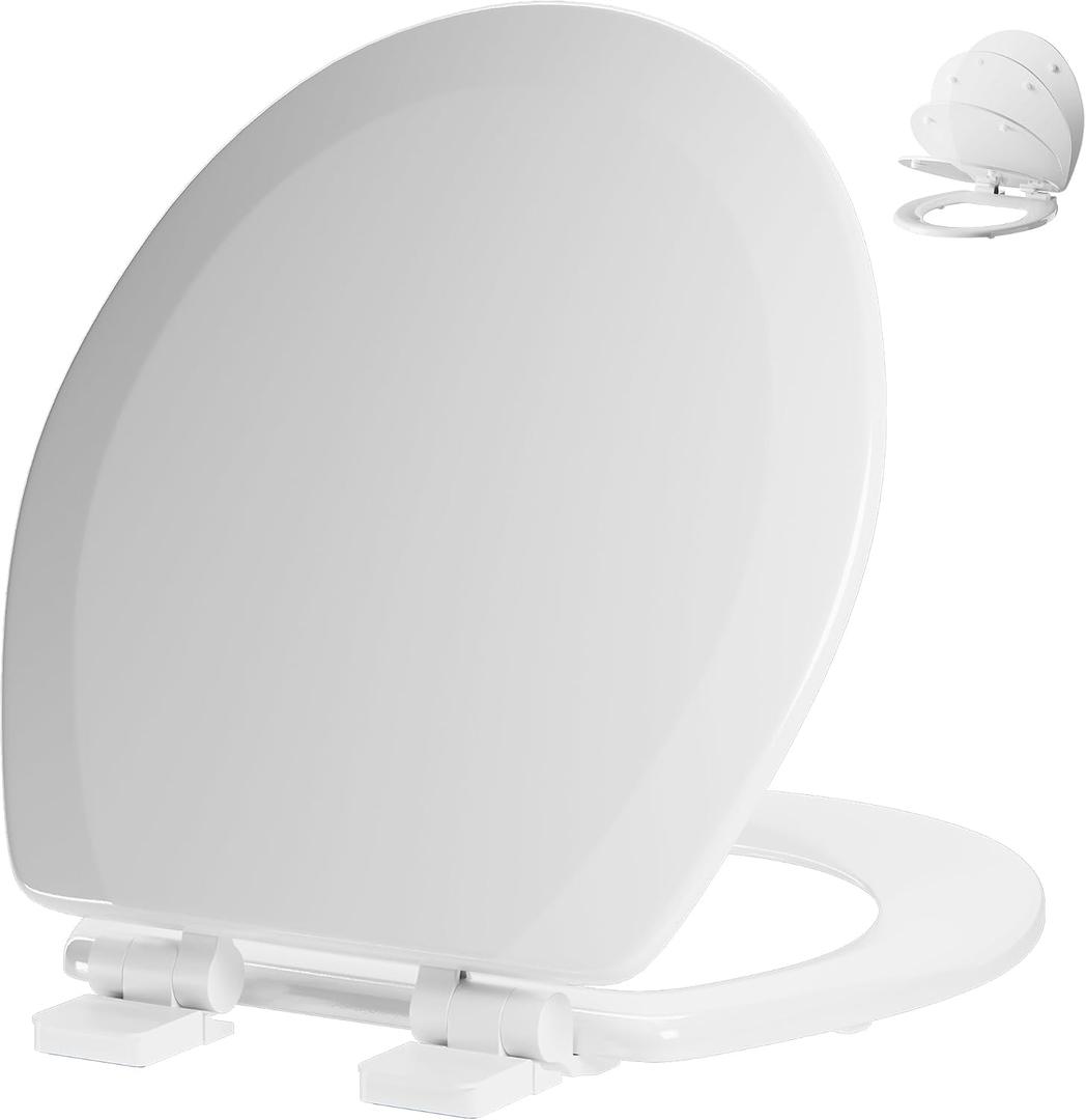 Round Toilet Seat Angol Shiold Quiet-Close Molded Wood Toilet Seat with Non-Slip Adjustable Hinges, Anti-Pinch Bumpers, Easy Install & CleanWhite, Round 16.5''