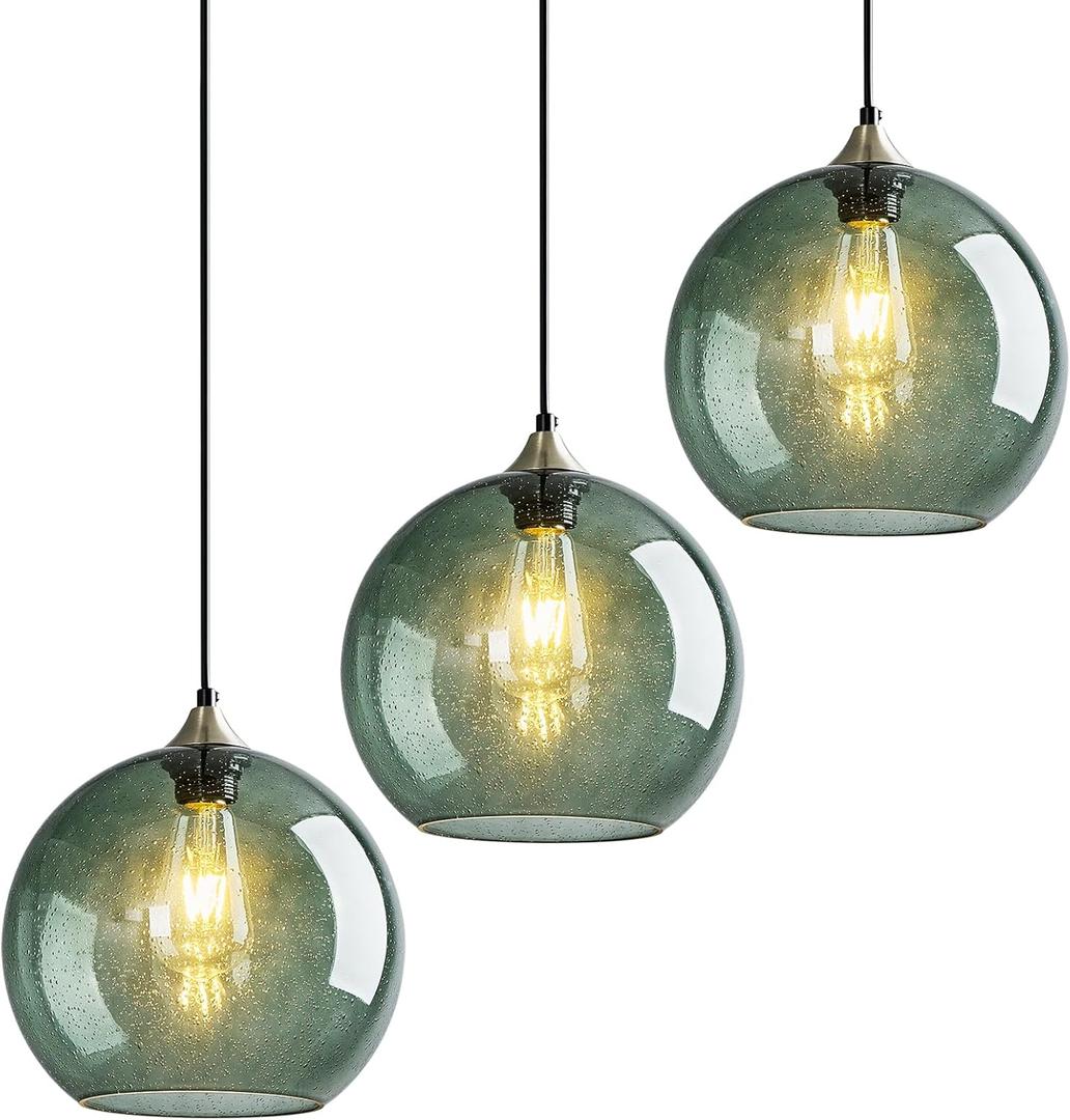 Gray Green Glass Pendant Lights Kitchen Island Lighting Globe Pendant Light Fixtures Modern Pendant Lighting for Kitchen Island Bedroom Living Dining Room Light Fixture(9.84in, 3-Pack)