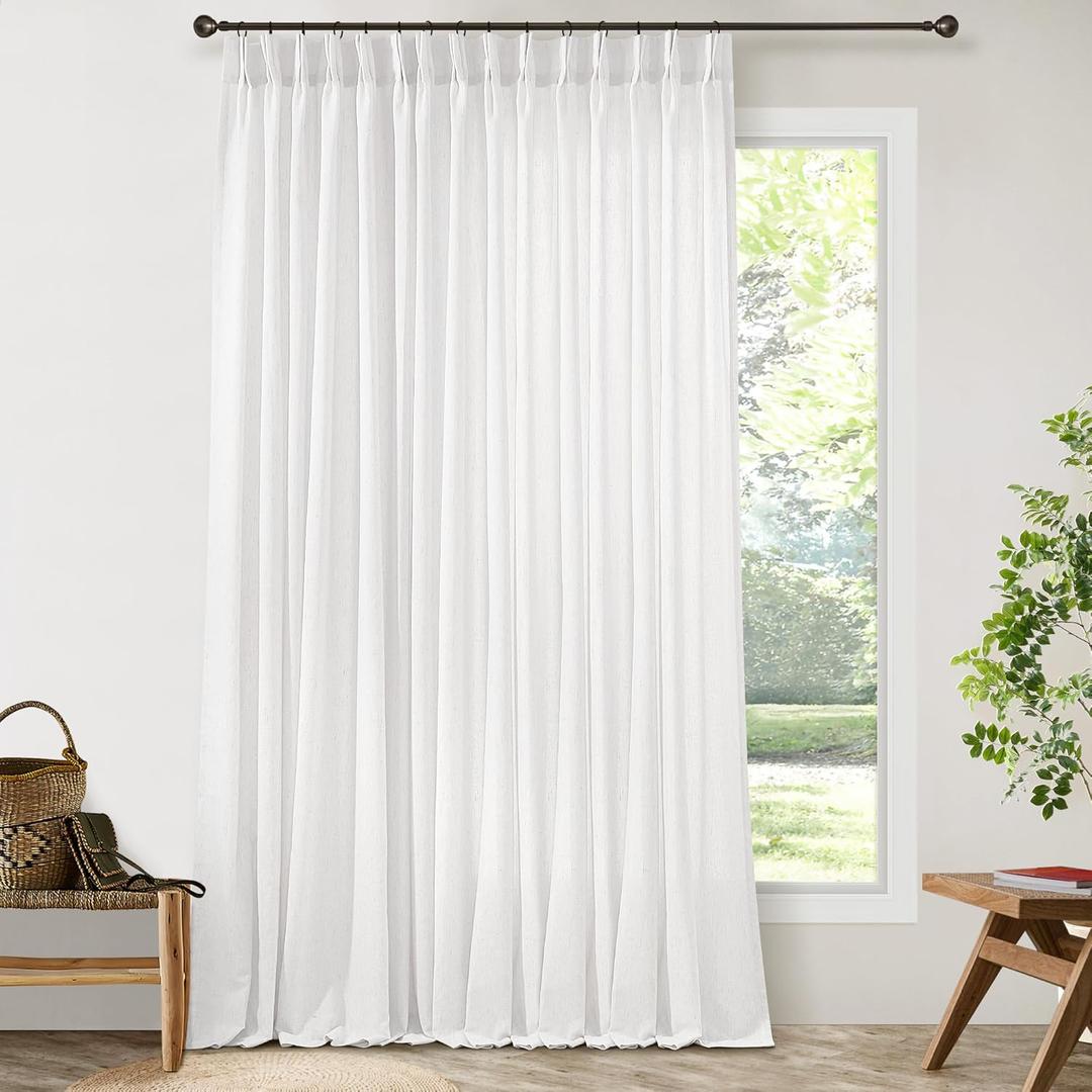 Ivory White Pinch Pleat Linen Sheer Curtains 90 Inches Long 100 Inch Wide for Patio Sliding Door Light Filtering Semi Sheer Pleated Drapes Back Tab Extra Wide 100 x 90 Curtain for Living Dining Room