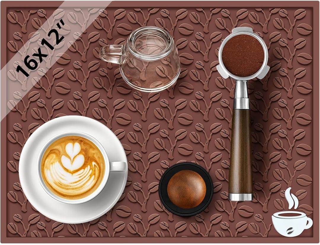 Coffee Bar Mat, 16"x12" Non-Slip Rubber Mats for Countertop, 3D Coffee-Bean Pattern Pad for CoffeeStation, Easy Clean Drip, Anti-Spill, Ideal Matt for Cocktail, Whiskey and Espresso