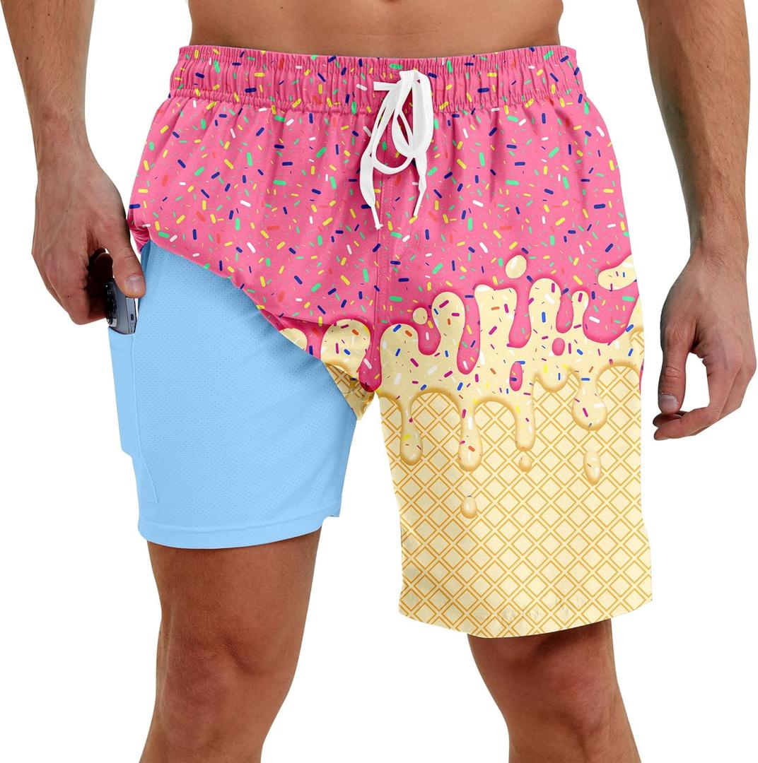 westwolf Men Swim Trunks with Compression Liner Men's 2 in 1 Bathing Suits 7 Inch Hawaiian Board Shorts (X-Large, Yellow Pink)