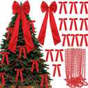 Gejoy Bow Christmas Tree Decoration Set, 30 Pcs Small Bows 1 Pcs 47" x 15.7" Large Tree Topper Satin Bows and Christmas Beads Garland Ornaments, Xmas Bead for Holiday Decor (Burgundy)