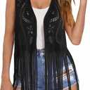 Women Western Tassels Vest Tops 70s Hippie Sleeveless Faux Suede Fringe Vests Jacket Cardigan Open Front Rodeo Cowgirl Shirt (Black, L)