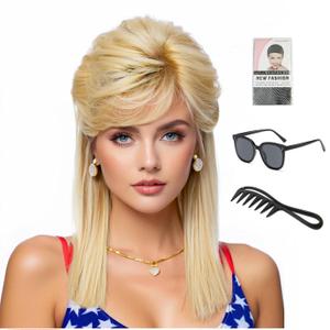 Adequate 80s Retro Layered Wig, Brown Highlighted, Voluminous Teased Style, Medium Length, Synthetic, Women's Costume (light blonde)