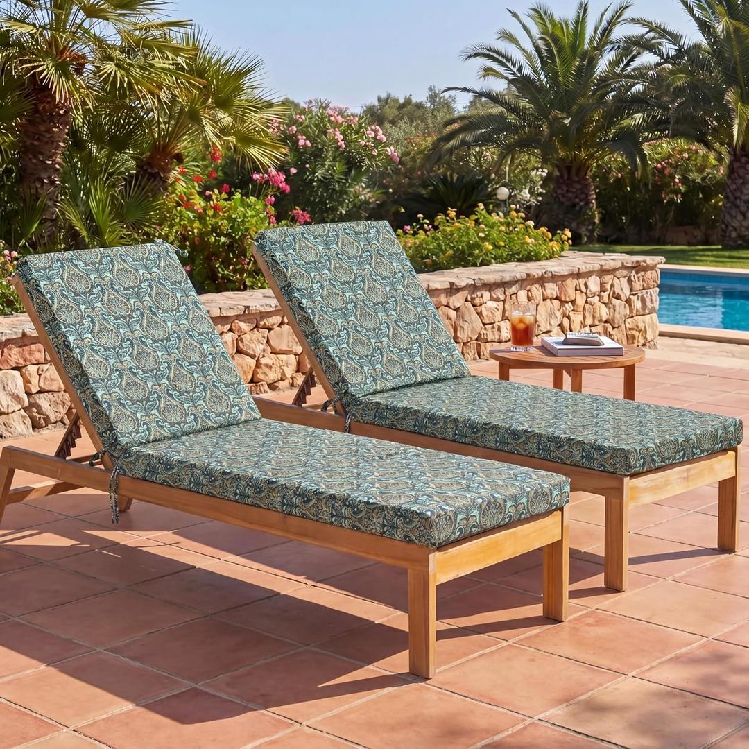 Kigley 72x21 Inch Outdoor Chaise Lounge Chair Cushions Set of 2, Pool Patio Chair Cushions for Outdoor Furniture Waterproof High-Density Foam Pad with Covers Non-Slip Ties Lawn Beach(Paisley,Green), 72.05 x 20.87 x 2.99 inches