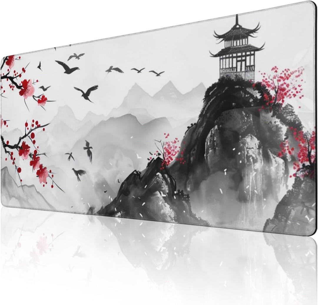 3XL Extended Gaming Mouse Pad -Watercolor Cherry Blossom 24x48 Inch Mouse Mats Desk Pad,Large Desk Mat,Extended Keyboard Mousepad with Non-Slip Base and Stitched Edge for Home Office (White Gray)