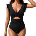 B2prity One Piece Swimsuits for Women Ruffle Sleeve V Neck Bathing Suit Tummy Control Cutout Monokini Slimming Swimwear 2XL Black