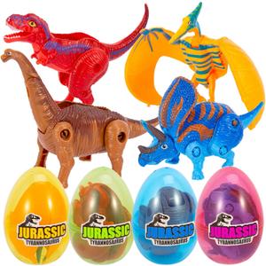 4 Pack Easter Hatching Eggs Dinosaur Toys Filled with Jumbo Deformable Transforming Dinosaur Toys Plastic Surprise Eggs Easter Basket Stuffers Fillers for Easter Eggs Hunt Party Favor Classroom Prize