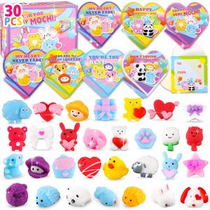 Valentine's Day Gifts for Kids, 30 PCS Mochi Squishy Toys with Valentine's Cards and Heart Boxes, Classroom Exchange Party Favors, School Prize Treats