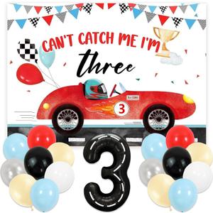 Cant Catch Me Im 3 Birthday Decorations Cars Birthday Backdrop Cars 3 Birthdays Party Supplies 3 Year Old Boy Birthdays Decorations Three Bday Decoration (Red)