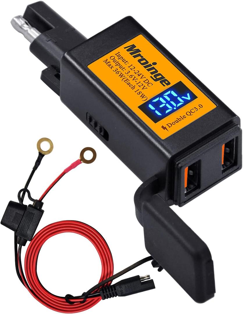 Motorcycle USB Charger, Mroinge 6.8A SAE to USB Adapter Dual Port QC3.0/2.0 Fast Charge, with Voltmeter/Ammeter & ON/Off Switch & 10A Fuse, Perfect for Your Phone or Smart Device Charging