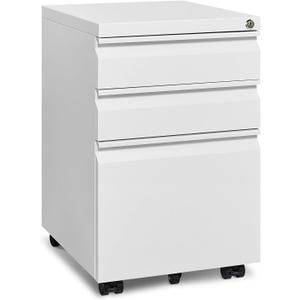 Mobile File Cabinet for Home Office, Lockable 3 Drawer Filing Cabinet with Wheels for A4-Size/Letter-Size/Legal-Size, Fully Assembled Except Casters, White