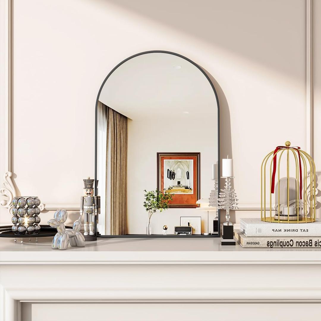 Arched Wall Mirror, 20 x 30 inch Arch Bathroom Mirror, Wall Mounted Vanity Mirror with Arch Metal Frame, Modern Bathroom Vanity Mirror for Bedroom, Living Room, Hanging or Leaning, Black