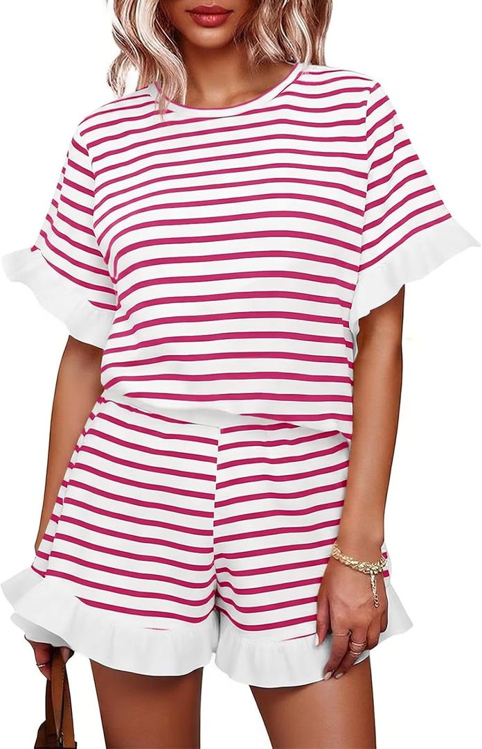 Tankaneo Womens 2 Piece Striped Shorts Set Ruffle Short Sleeve Tops Hight Waist Shorts Matching Sets Summer Vacation Outfits (White)