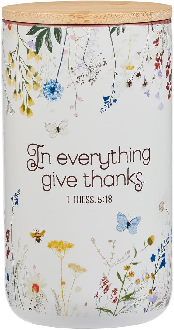 Christian Art Gifts Keepsake Count Your Blessings Ceramic Gratitude Jar Set w/Bamboo Lid: In Everything Give Thanks - 365 Bible Verse Note Cards, Multicolor Flowers & Butterflies, White/Purple Floral