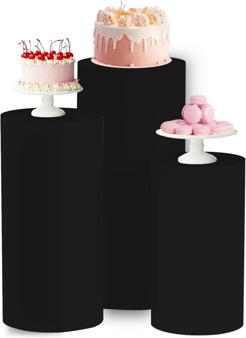 Cylinder Stand Covers for Party 3Pcs Spandex Cylinder Pedestal Stand Covers Cylinder Plinth Stand Cover for Party Backdrop Decor Baby Shower Birthday Wedding, Black