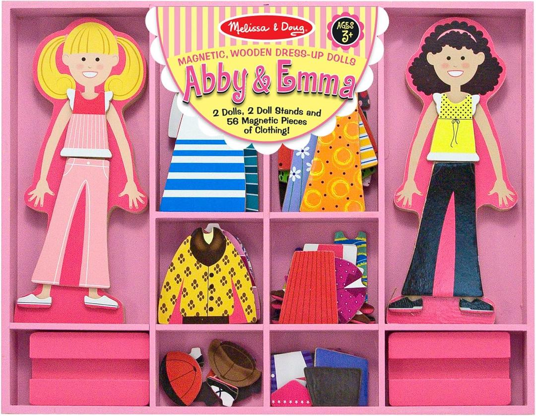 Melissa & Doug Abby and Emma Magnetic Wooden Dress-Up Dolls Play Set (55+ Pieces), Magnetic Dolls, Pretend Play & Preschool Toys for Kids 3+
