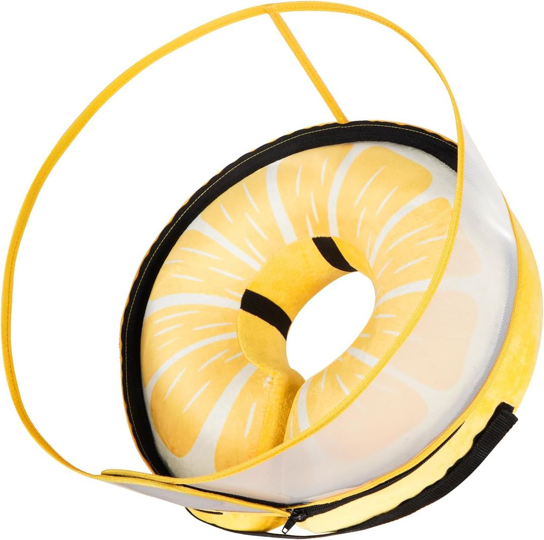 Inflatable Dog Cone Collar with Detachable Enhanced Anti-Licking Shield, Soft Neck Donut Collar for Dogs After Surgery, Adjustable Dog Cone Alternative for Large Medium Small Dogs & Cats (S Neck 4"-7", Lemon)