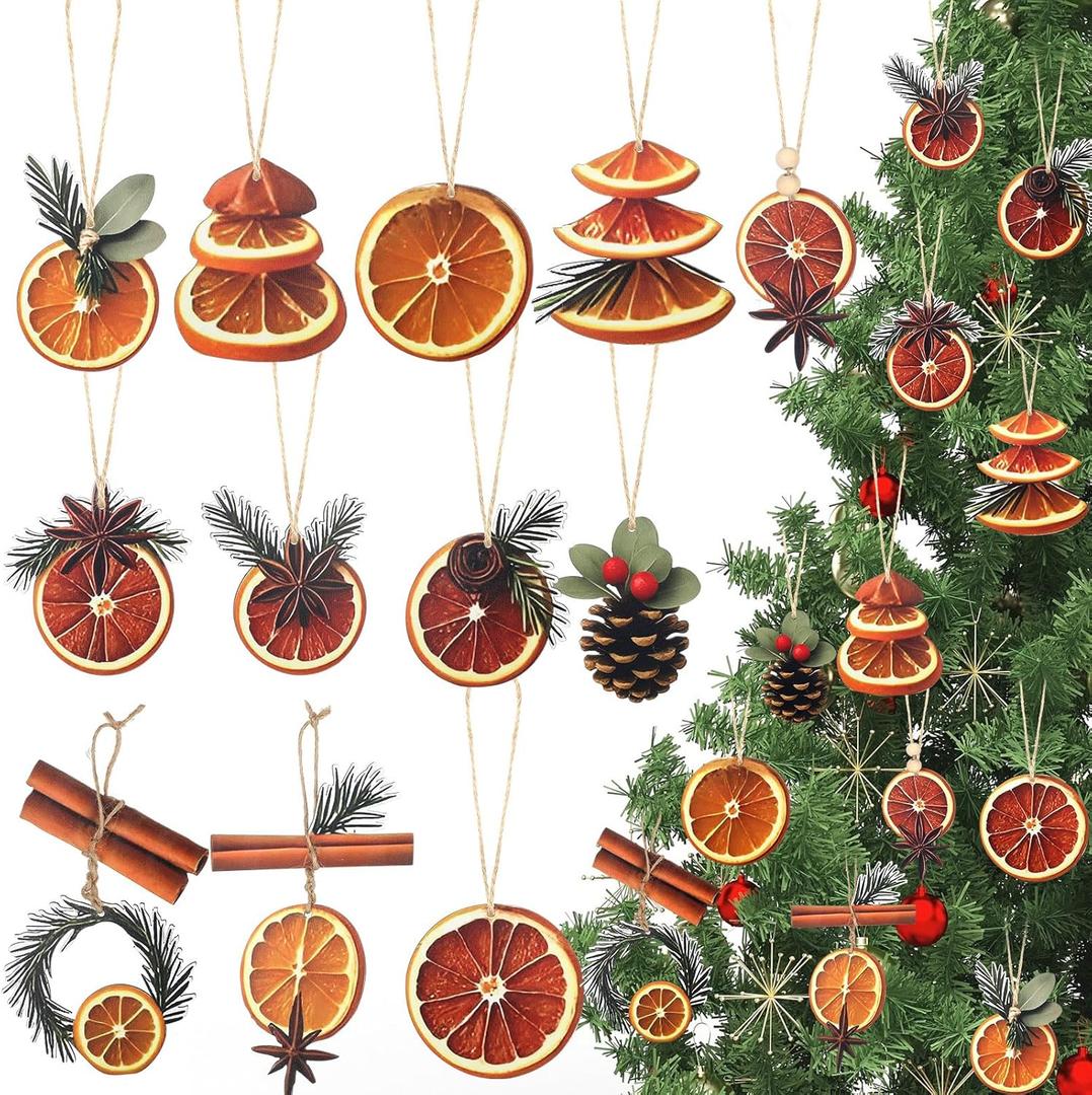 Yookeer 36 Pcs Wooden Christmas Tree Ornaments Print Natural Pine Cones Rustic Decorations Dried Orange Slices Cinnamon Sticks for Xmas Tree Home Decorations DIY Decor