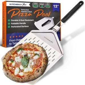 Perforated Pizza Peel 12 inch with 10 inch Folding Handle - Stainless Steel Spatula Paddle for Effortless Pizza Transfer & Easy Storrage - Outdoor Pizza Oven Accessories by KitchenStar