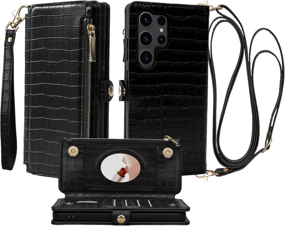Crossbody Wallet Case for Samsung Galaxy S24 Ultra with Mirror, Wrist Strap, Zipper Purse Magnetic Flip RFID Blocking Card Holder, PU Leather Shockproof 6.8" Women (Black)