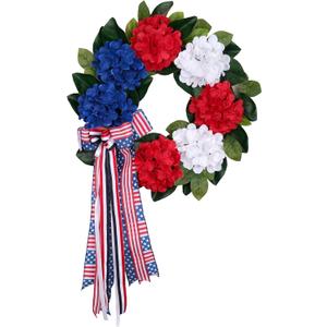 24 Inch Patriotic Front Door Wreath for July 4th Independence Day and Memorial Day, Artificial Red White Blue Hydrangea Wreath with USA Flag Printed Bow