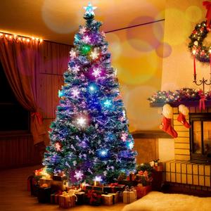 Juegoal 7 ft Pre-Lit Optical Fiber Christmas Artificial Tree, with LED RGB Color Changing Led Lights, Snowflakes and Top Star, Festive Party Holiday Fake Multicolor Xmas Tree with Sturdy Metal Legs (Green)