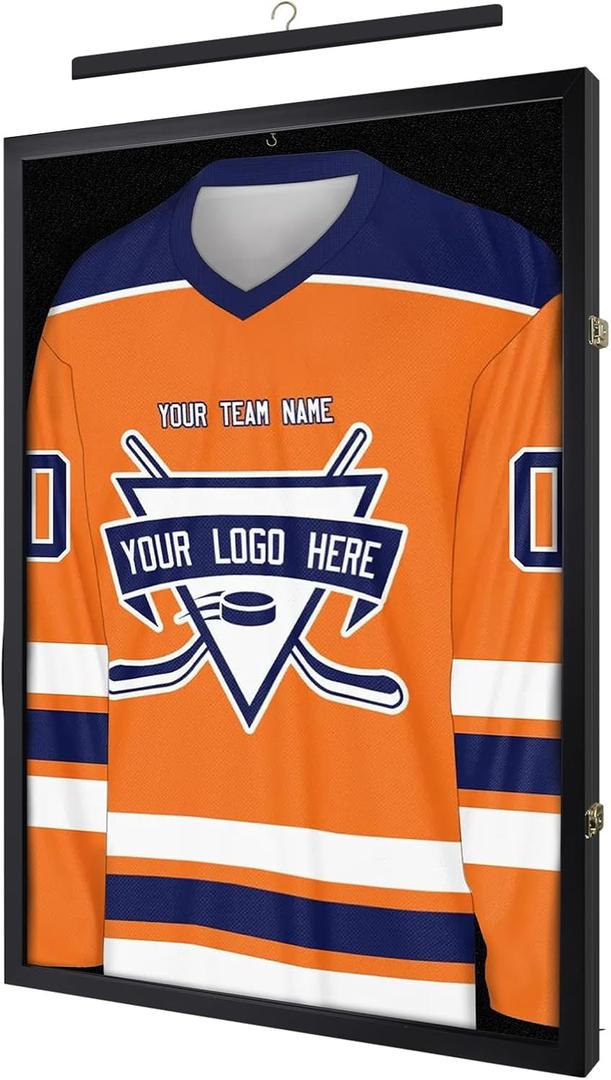 26x37 XL Large Jersey Frame Display Case for Wall Display, Lockable Shadow Box Frame with Grade A Natural Pine Wood HD Acrylic Front for Hockey Soccer Basketball Football Uniform Shirts, Black