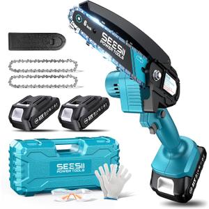 Seesii Mini Chainsaw, 6-inch Mini Chainsaw Cordless, Handheld Electric Power Chain Saw with 2 Batteries, for Tree Trimming Wood Cutting, Best Gifts for Father, Dad, Husband, Men (Sky Blue)