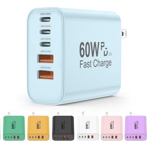 USB C Charger Block, 60W 5 in 1 Charging Blocks, PD 3.0 Fast Charger, QC 2A Blue Wall Plug Multiport Type C Charging Block for iPhone 17 16 15 14 13 12 Pro Max, iPad, iPod, Samsung, AirPods Pro