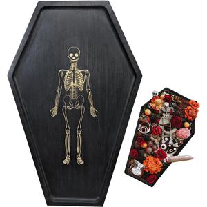 Gothic Home Decor Coffin Tray, Goth Halloween Charcuterie Boards Engraved Gold Skeleton, Solid Black Wood Board, Easy to Clean -15.7" Length
