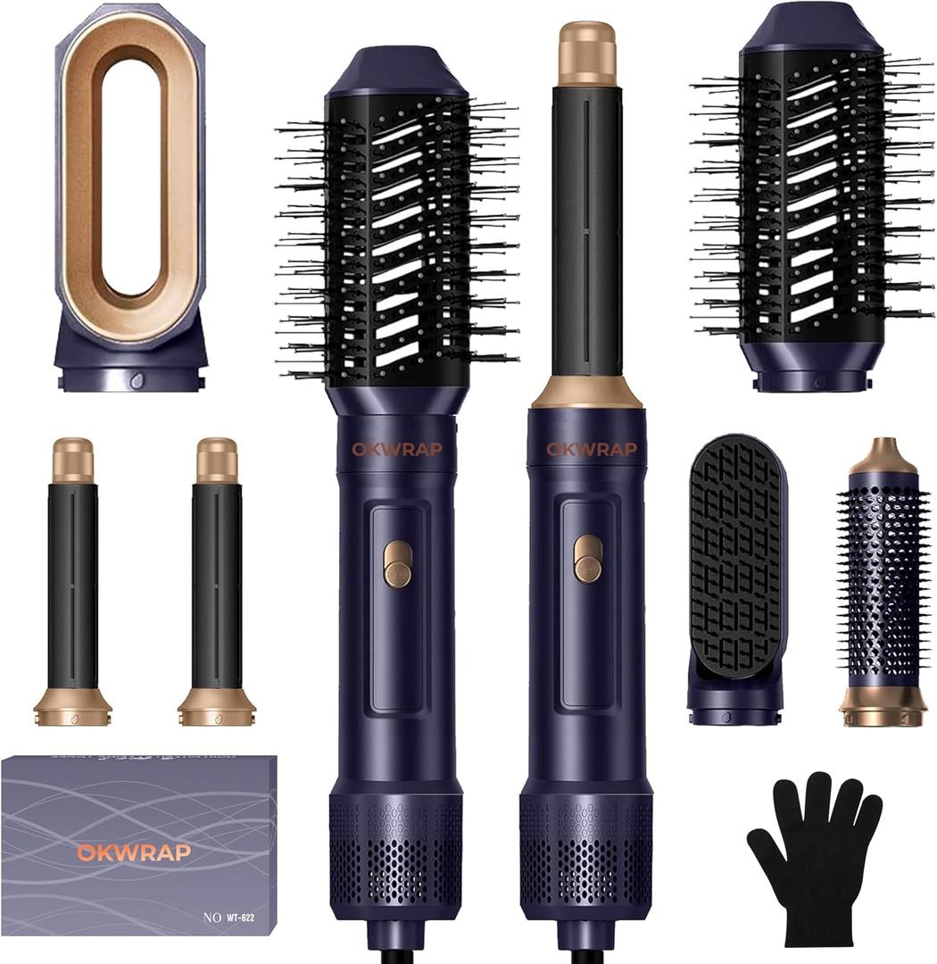 Blow Dryer Brush, 6 in 1 Auto Air Curling Iron Set 3 Temperature 1000W Powerful Negative Ionic Hair Dryer Brush Set with Thermal Brush, 60000RPM Hot Air Brush, Left&Right Curler Wand (Golden Blue)