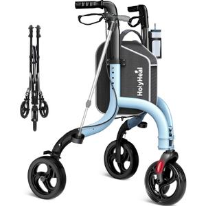 3 Wheel Walkers for Seniors, Lightweight Rollator Walkers Foldable for Elderly with Cane Hold and Cup Hold, Height Adjustable Aluminum Three Wheel Rolling Walker Mobility Aid, Blue